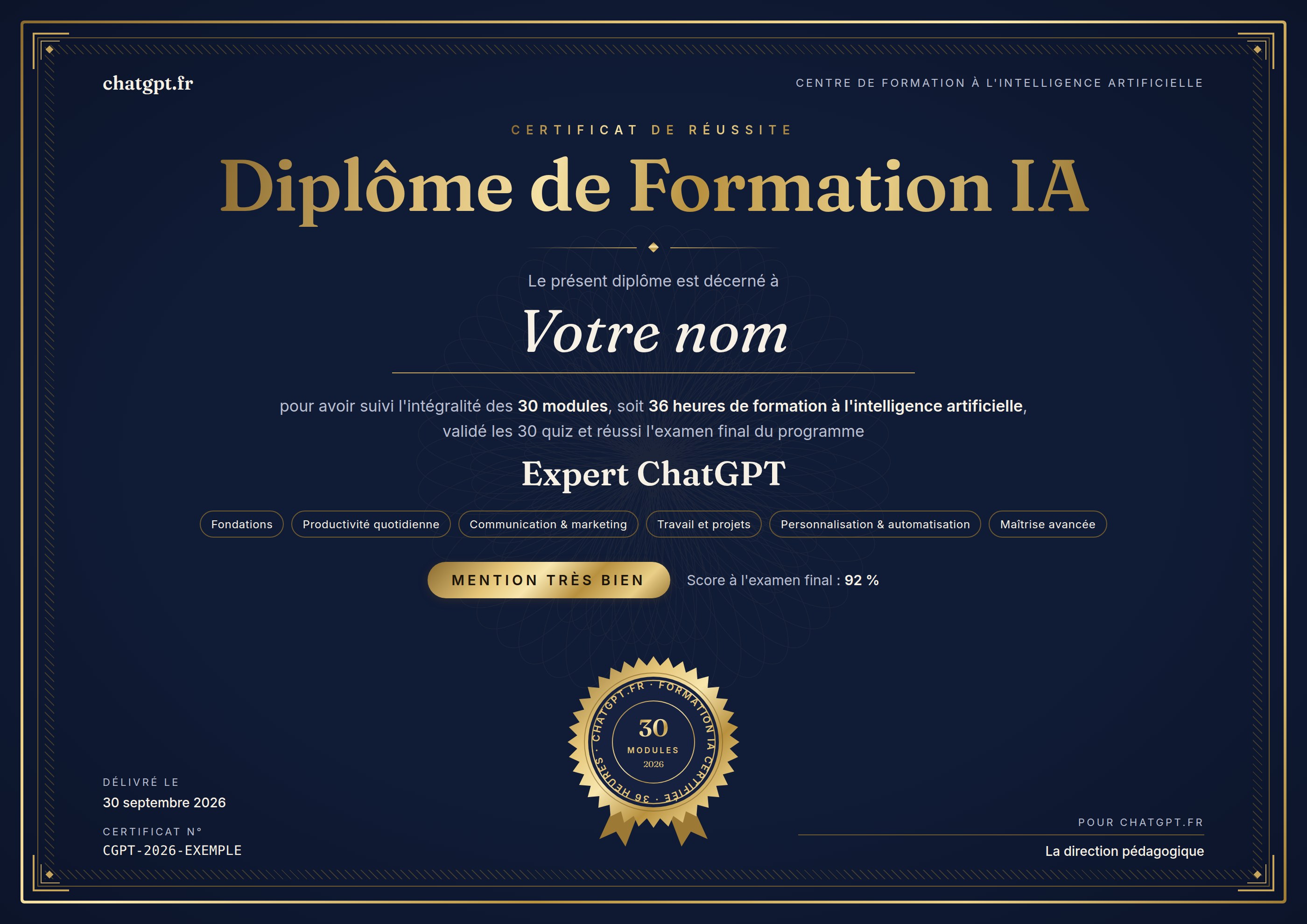 Diplôme de la formation ChatGPT délivré après l'examen final