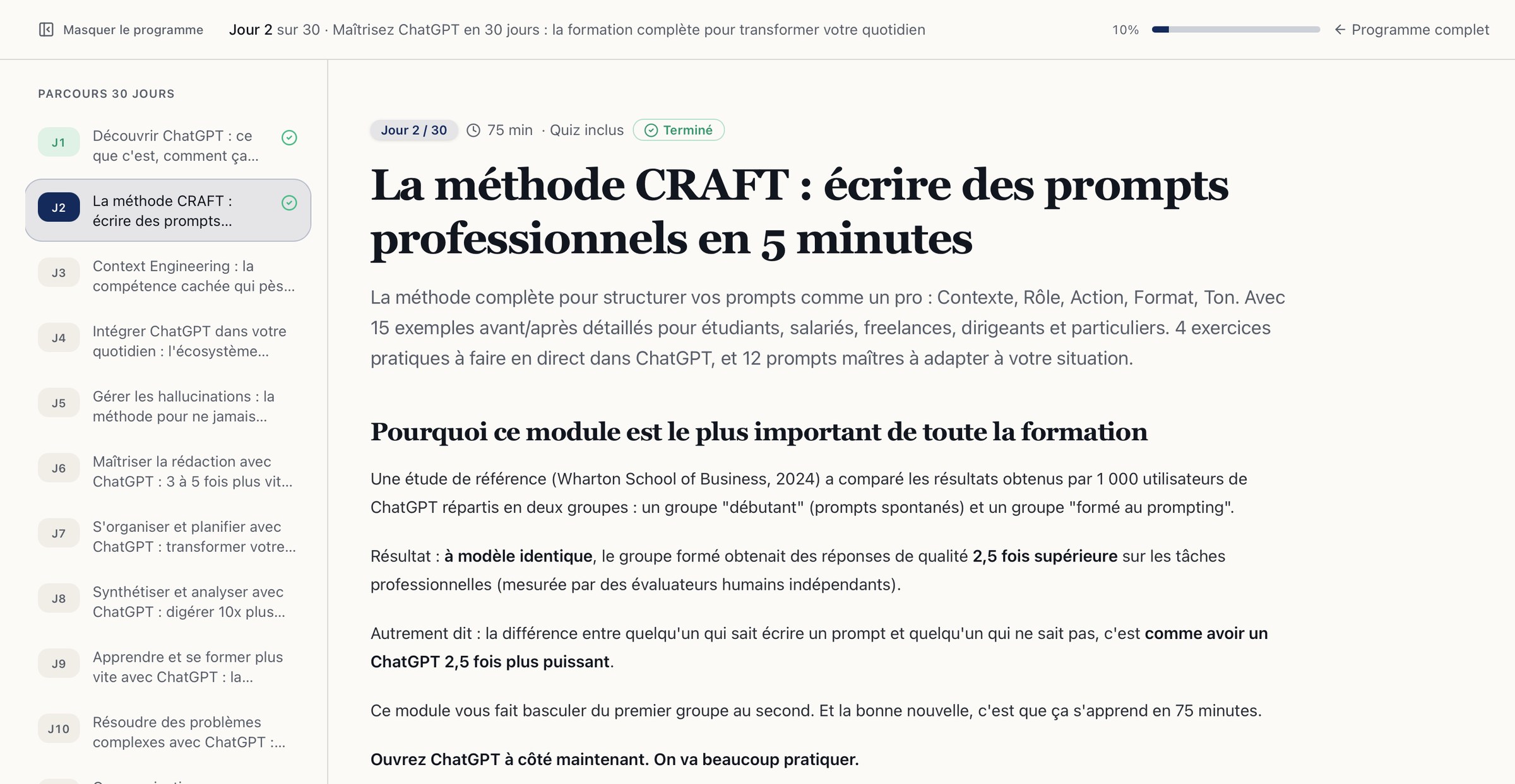 Formation ChatGPT en français : le module du Jour 2 sur la méthode CRAFT, avec le parcours des 30 jours et la progression