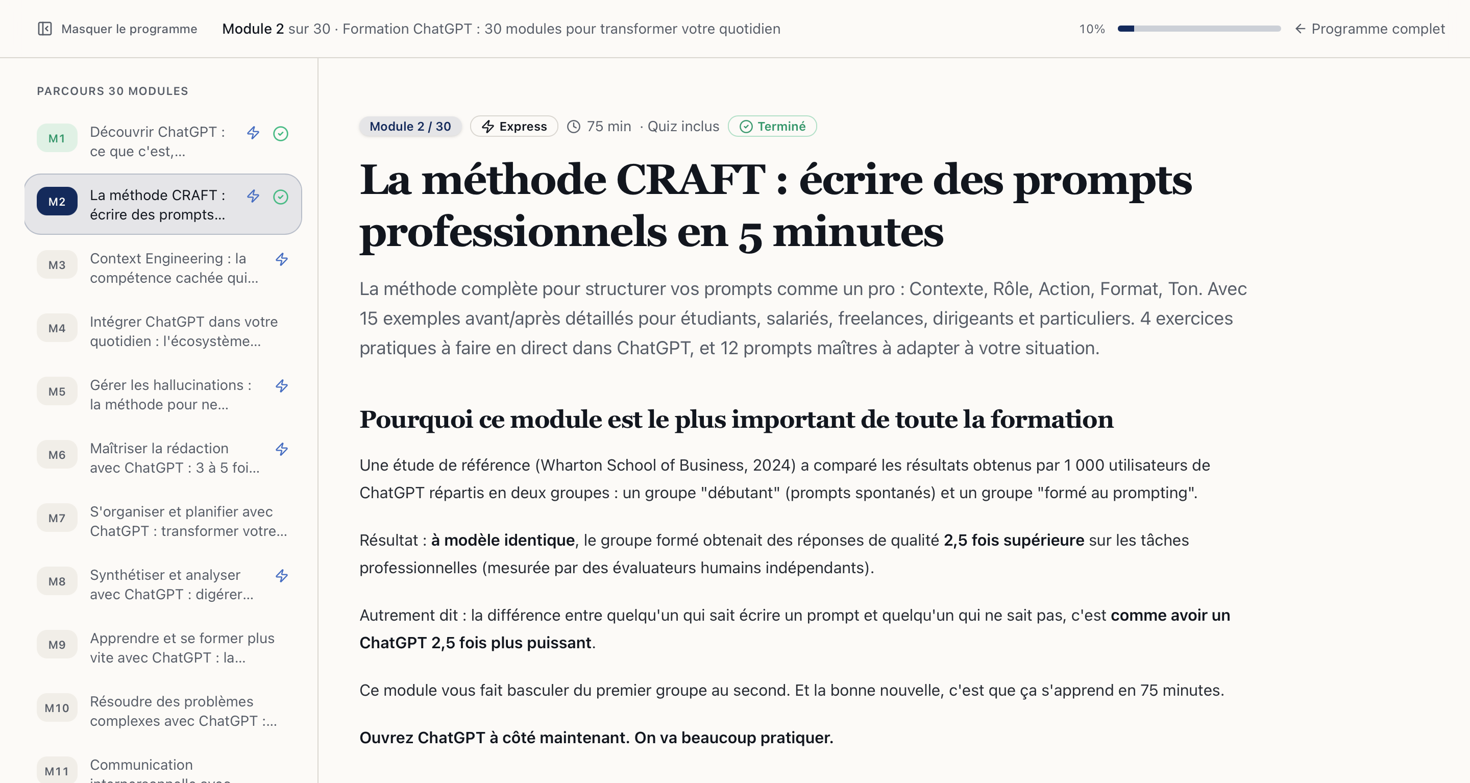Formation ChatGPT en français : le module 2 sur la méthode CRAFT, avec le parcours des 30 modules et la progression